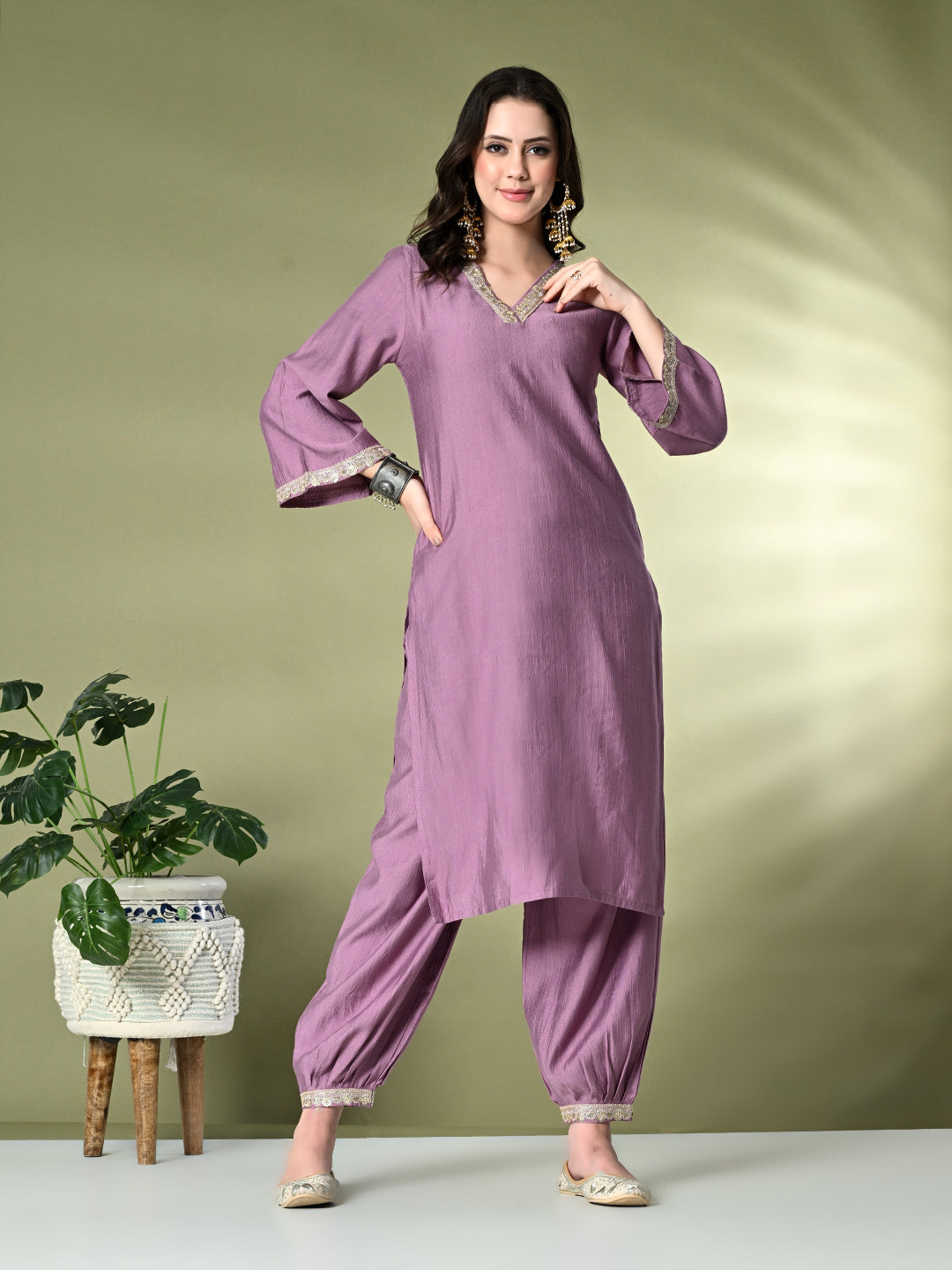 Myshka Women's Embroidered V-Neck Bell Sleeves Kurta & Salwar With Printed Dupatta Sets in Lavender Color
