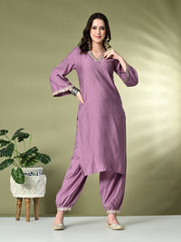 Thumbnail for Myshka Women's Embroidered V-Neck Bell Sleeves Kurta & Salwar With Printed Dupatta Sets in Lavender Color