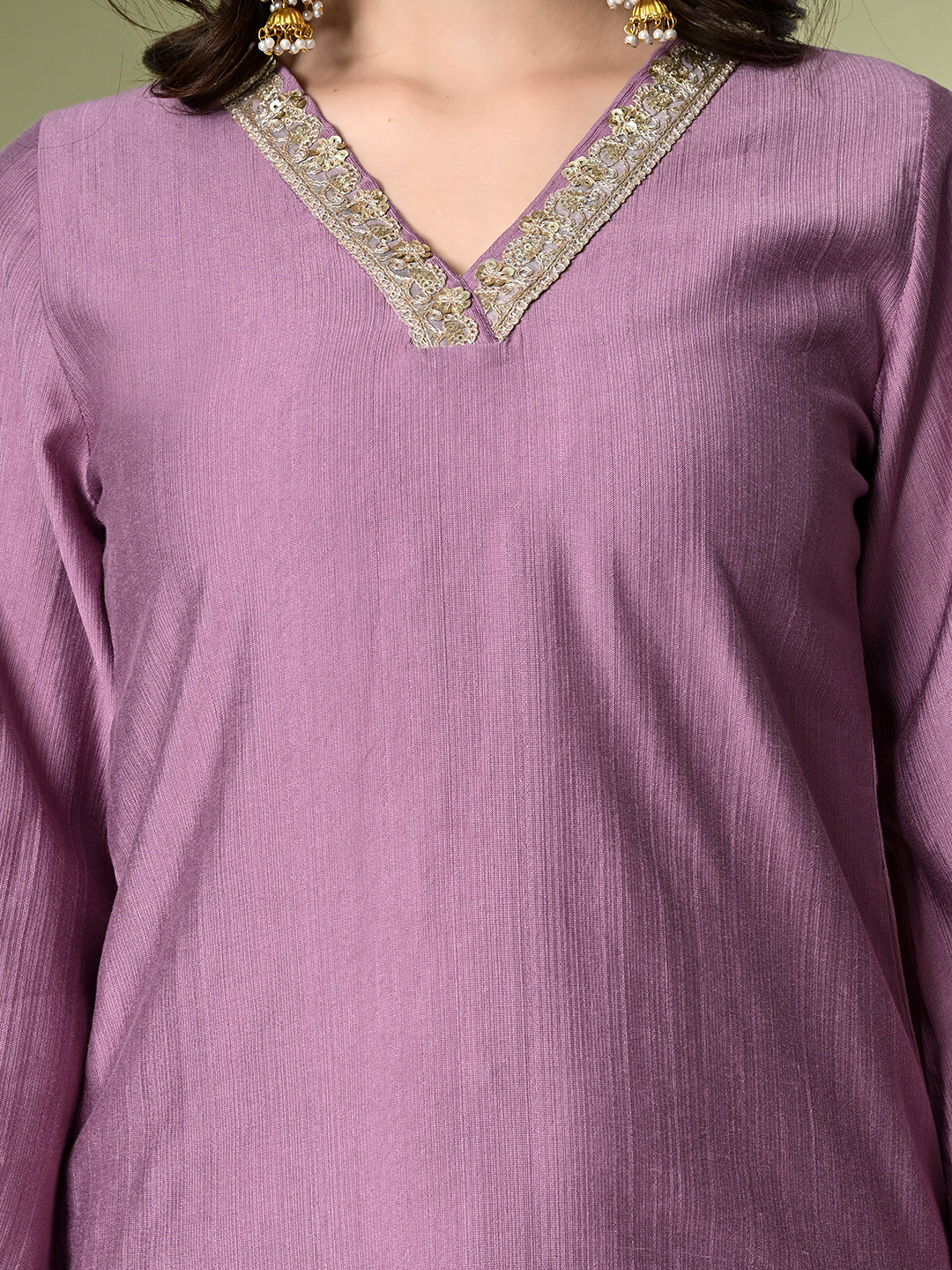 Myshka Women's Embroidered V-Neck Bell Sleeves Kurta & Salwar With Printed Dupatta Sets in Lavender Color