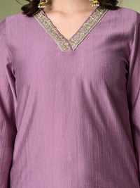 Thumbnail for Myshka Women's Embroidered V-Neck Bell Sleeves Kurta & Salwar With Printed Dupatta Sets in Lavender Color