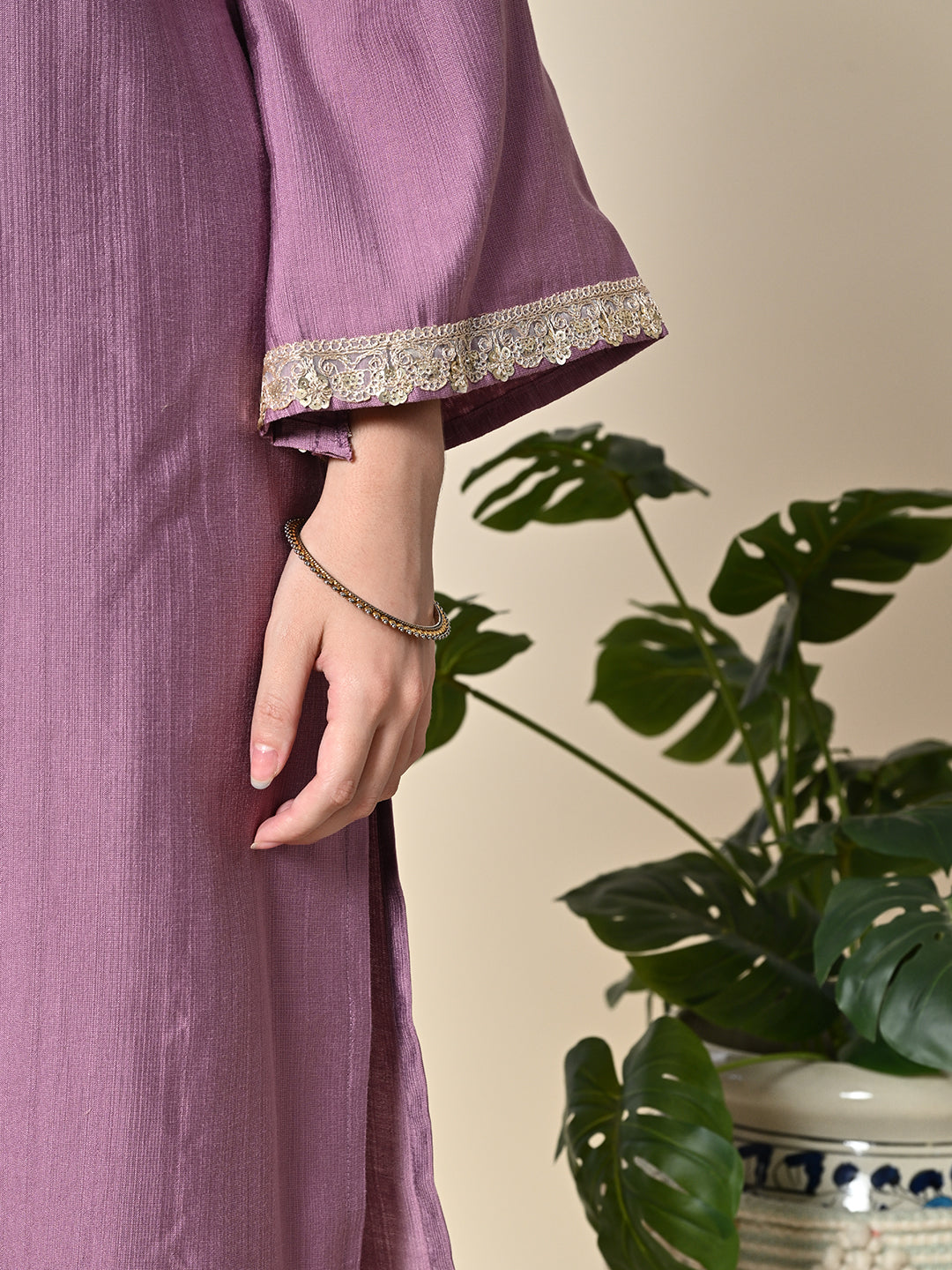 Myshka Women's Embroidered V-Neck Bell Sleeves Kurta & Salwar With Printed Dupatta Sets in Lavender Color