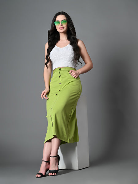 Myshka Women's Solid Ribbed A-Line Embellished Casual Skirt in Green Color