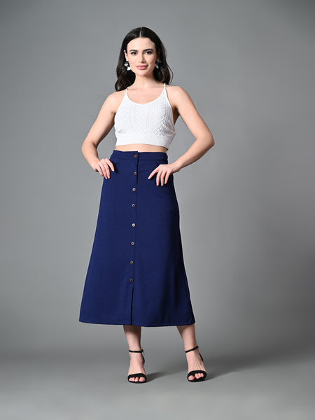 Myshka Women's Solid Ribbed A-Line Embellished Casual Skirt in Navy Blue Color