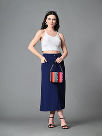 Thumbnail for Myshka Women's Solid Ribbed A-Line Embellished Casual Skirt in Navy Blue Color