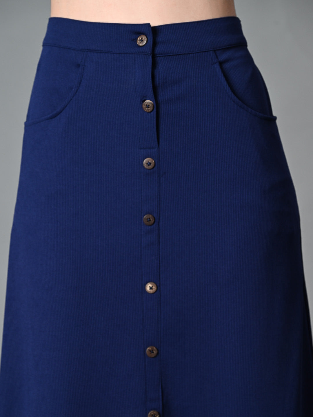Myshka Women's Solid Ribbed A-Line Embellished Casual Skirt in Navy Blue Color