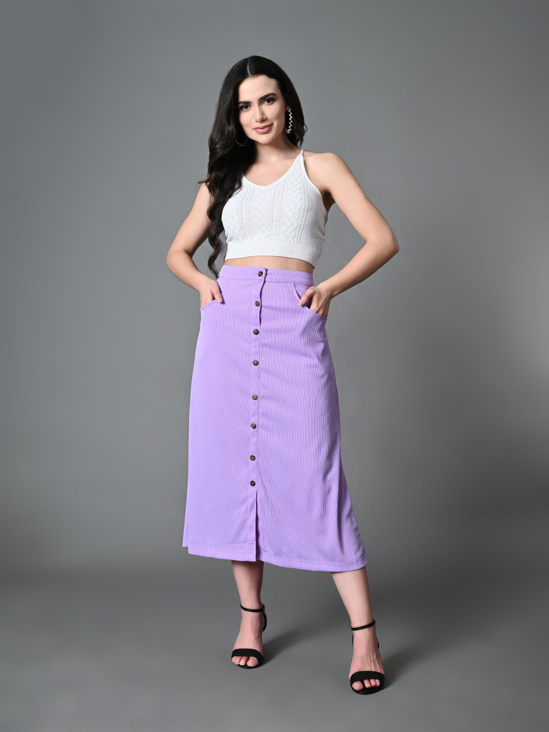 Myshka Women's Solid Ribbed A-Line Embellished Casual Skirt in Lavender Color