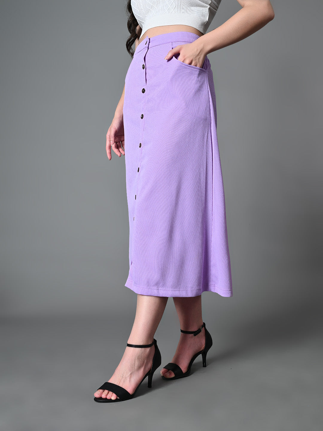 Myshka Women's Solid Ribbed A-Line Embellished Casual Skirt in Lavender Color