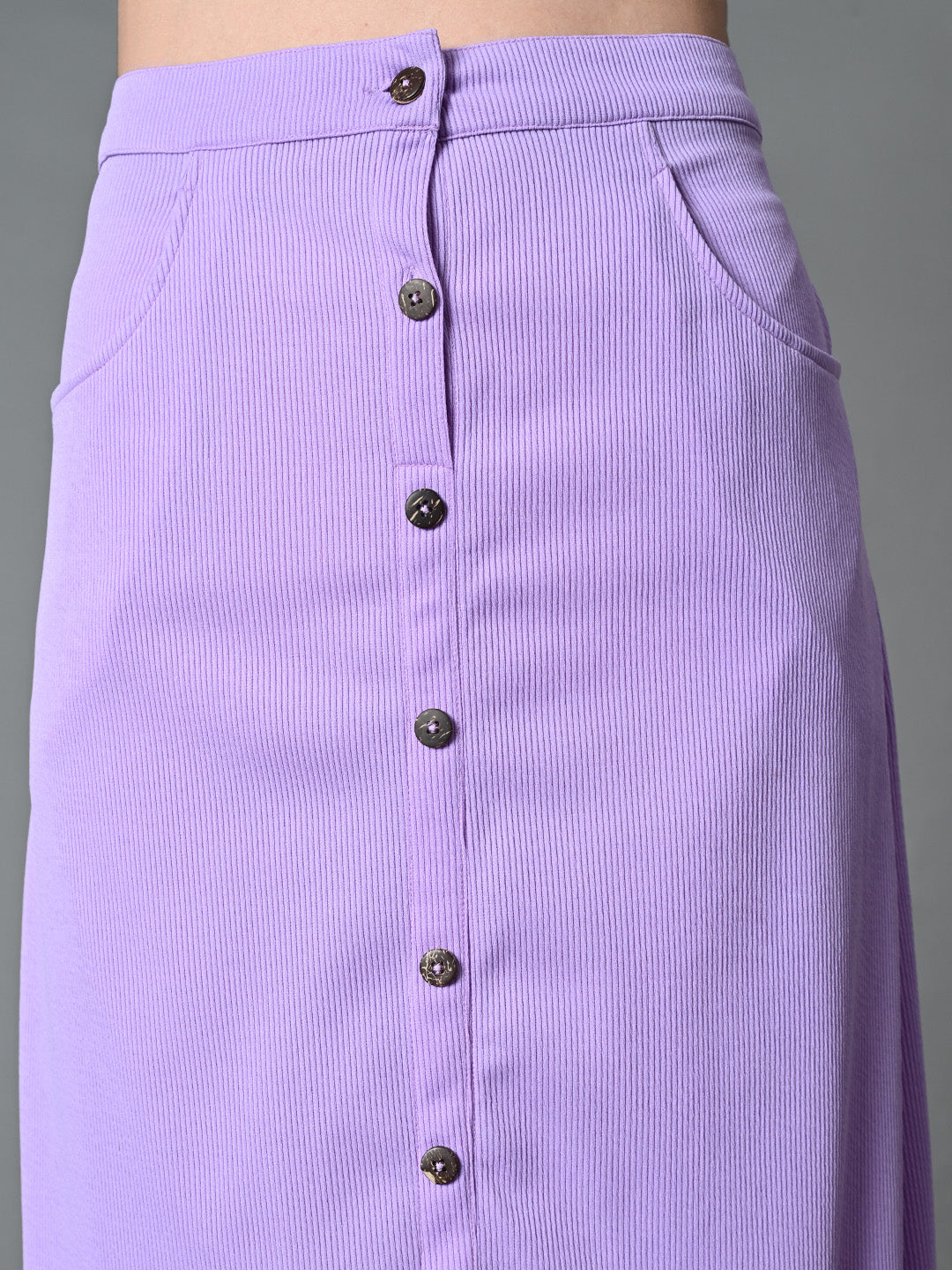 Myshka Women's Solid Ribbed A-Line Embellished Casual Skirt in Lavender Color