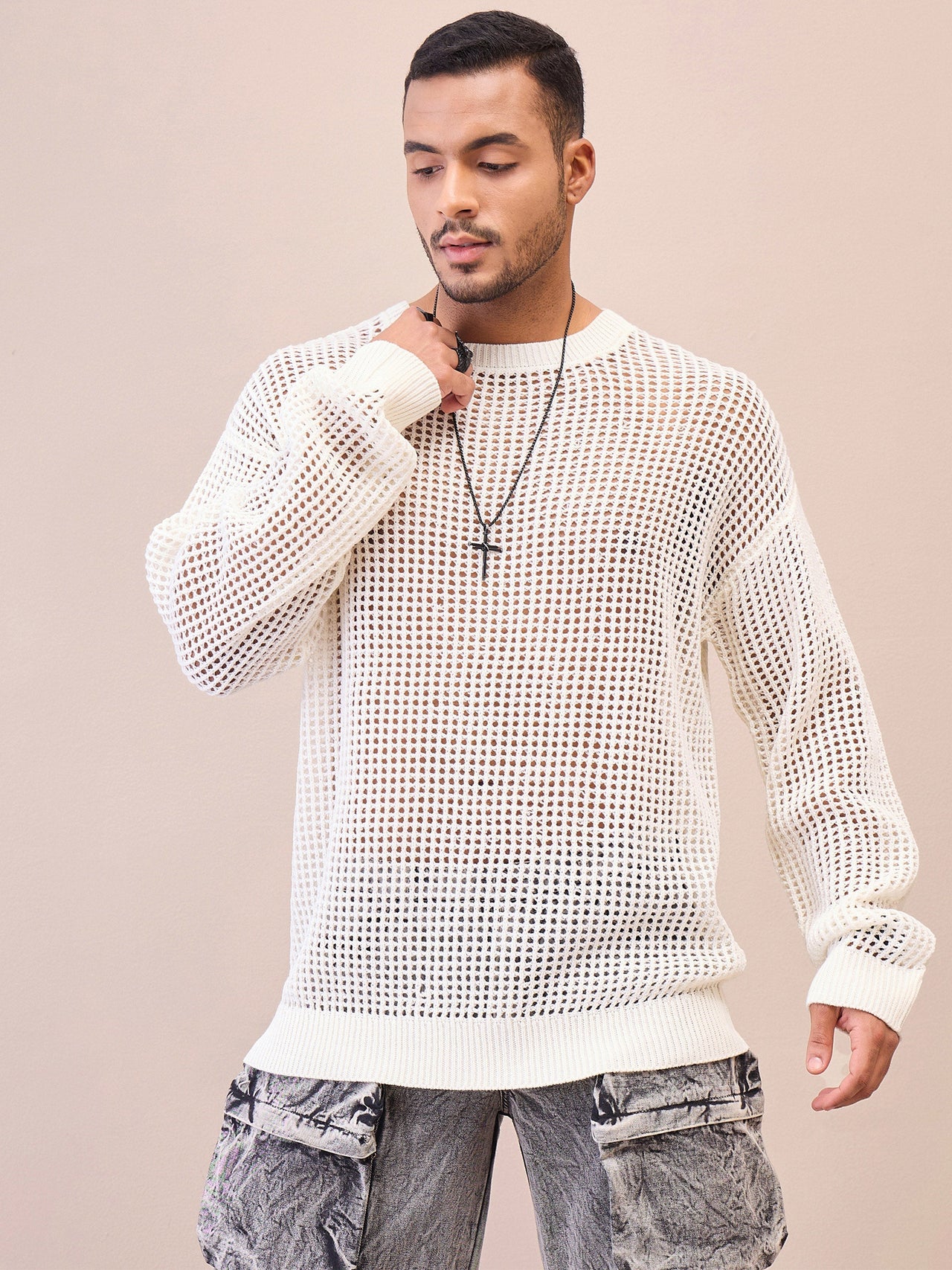 Lyush Men Men & Women Off White Oversize Crochet Sweater