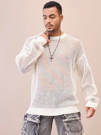 Thumbnail for Lyush Men Men & Women Off White Oversize Crochet Sweater