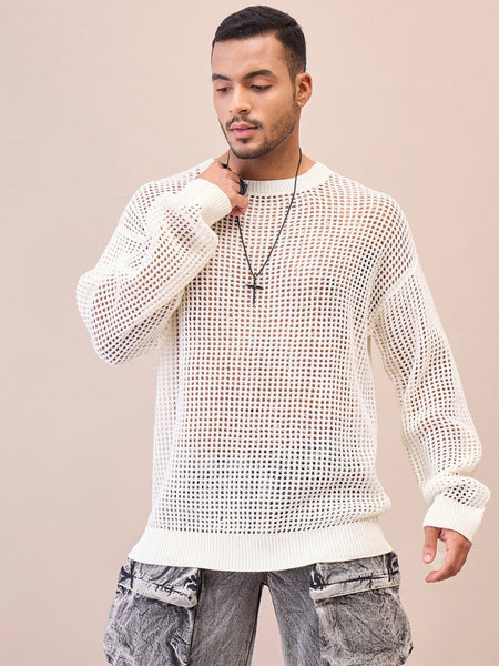 Lyush Men Men & Women Off White Oversize Crochet Sweater
