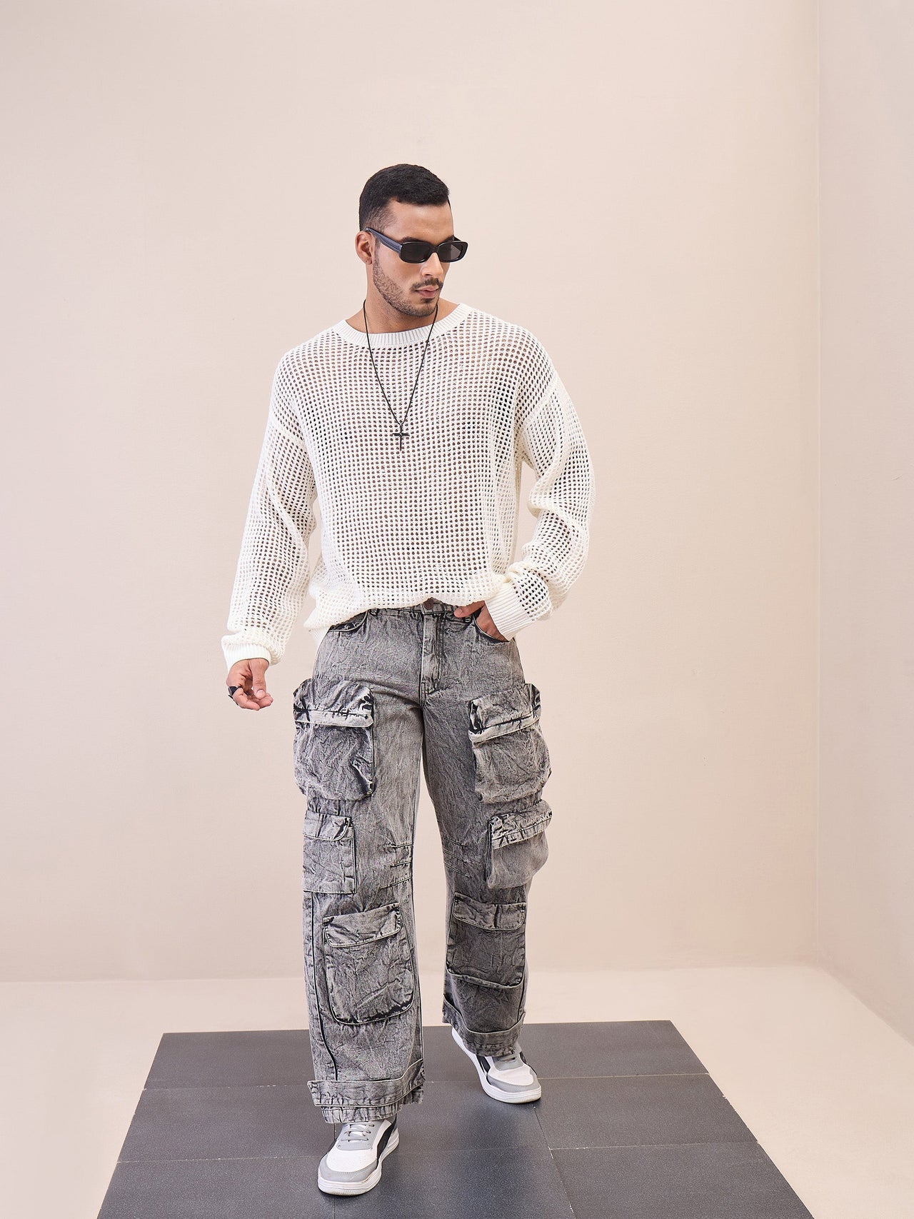 Lyush Men Men & Women Off White Oversize Crochet Sweater