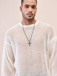 Thumbnail for Lyush Men Men & Women Off White Oversize Crochet Sweater