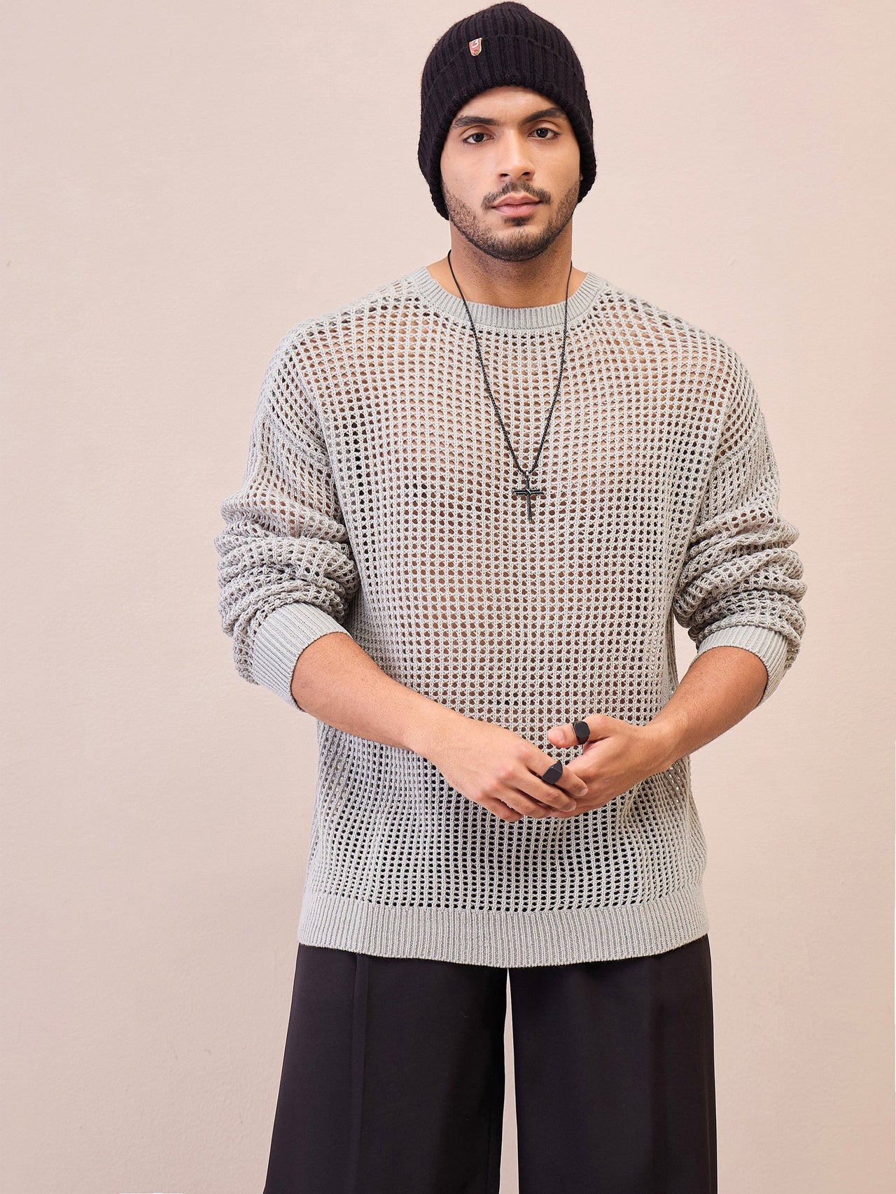 Lyush Men Men & Women Light Grey Oversize Crochet Sweater