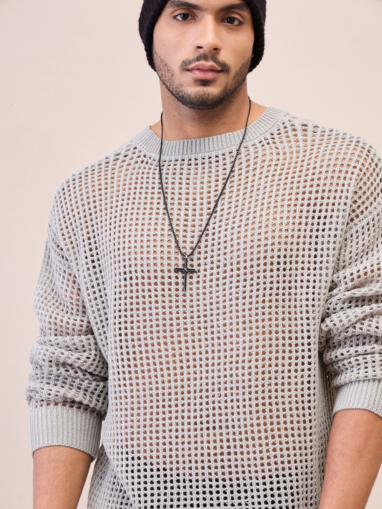 Lyush Men Men & Women Light Grey Oversize Crochet Sweater