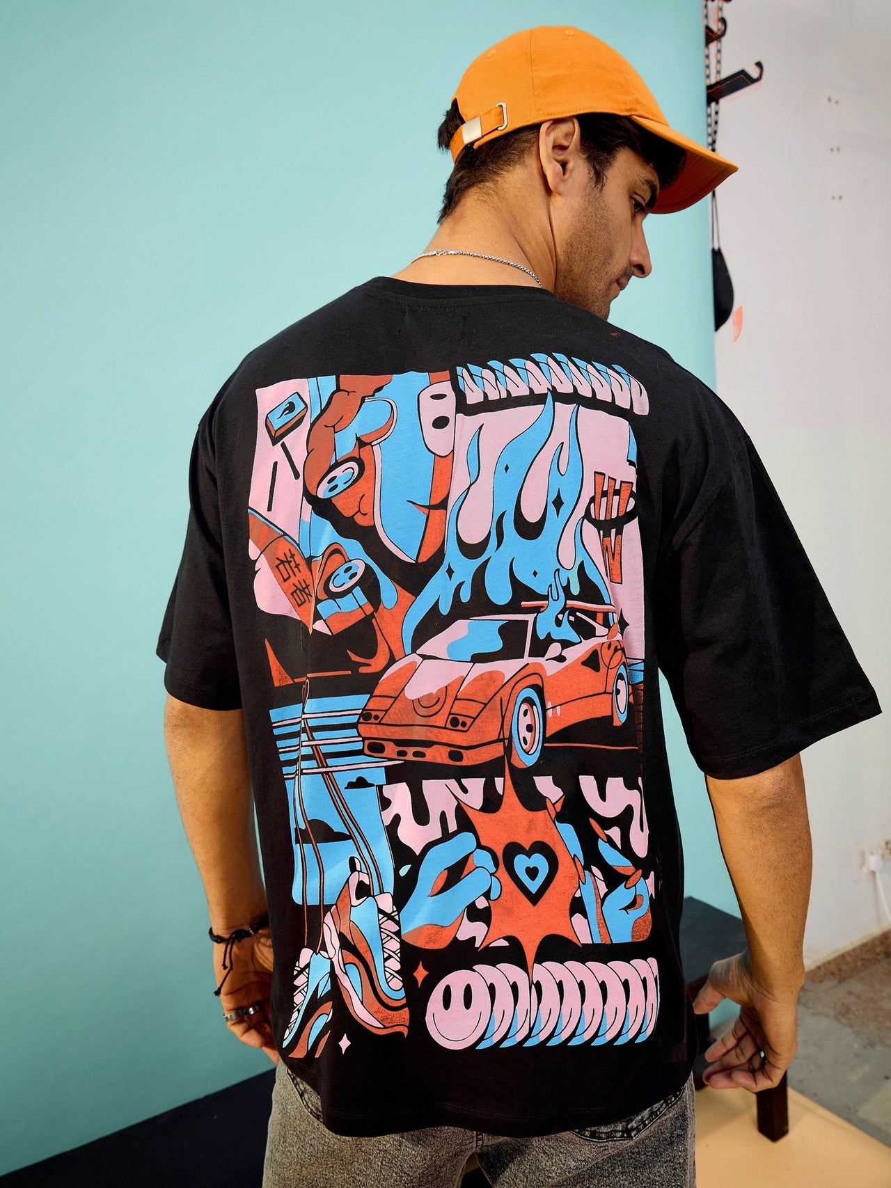 Lyush Men & Women Black Car Print Oversized T-Shirt