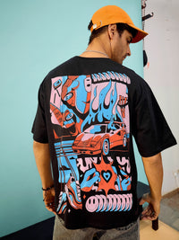 Thumbnail for Lyush Men & Women Black Car Print Oversized T-Shirt