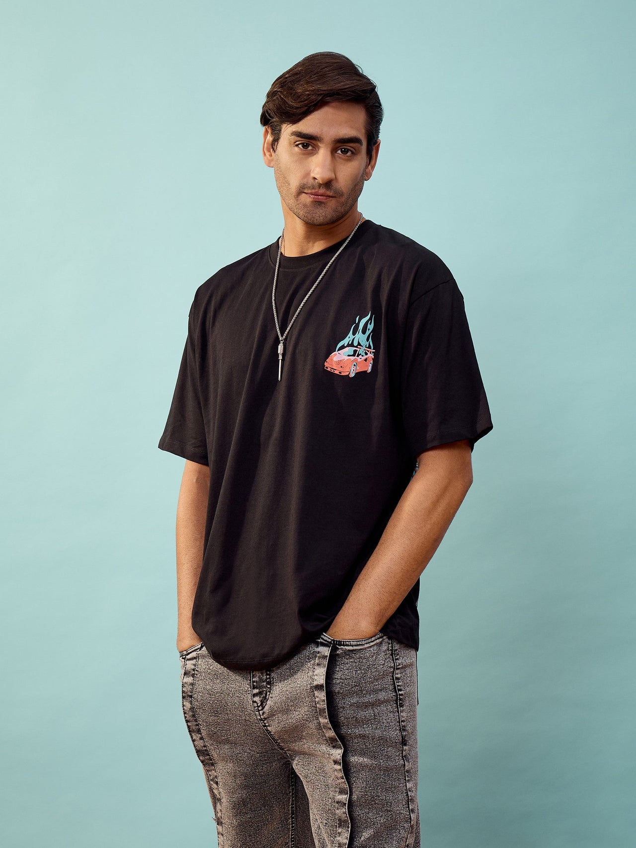 Lyush Men & Women Black Car Print Oversized T-Shirt