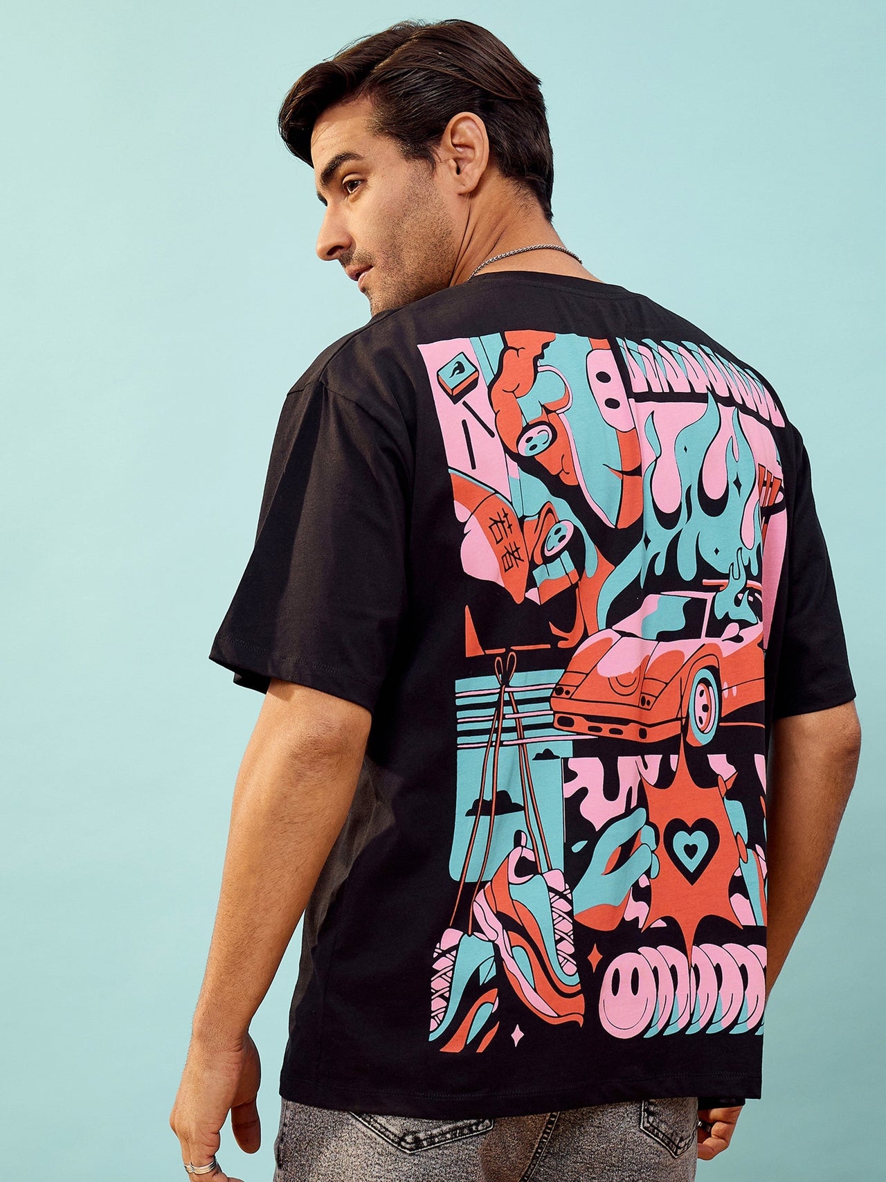 Lyush Men & Women Black Car Print Oversized T-Shirt
