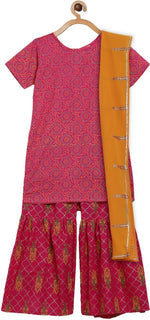 Thumbnail for Ahalyaa Magenta Cotton Printed Kids Kurta Sharara Set With Dupatta For Girls - Distacart