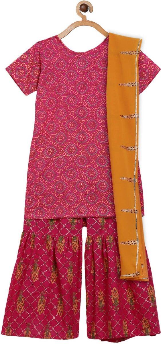 Ahalyaa Magenta Cotton Printed Kids Kurta Sharara Set With Dupatta For Girls - Distacart