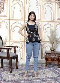 Thumbnail for Miravan Women's Pure Cotton Black Floral Printed Round Neck Peplum Noodle Straps Top