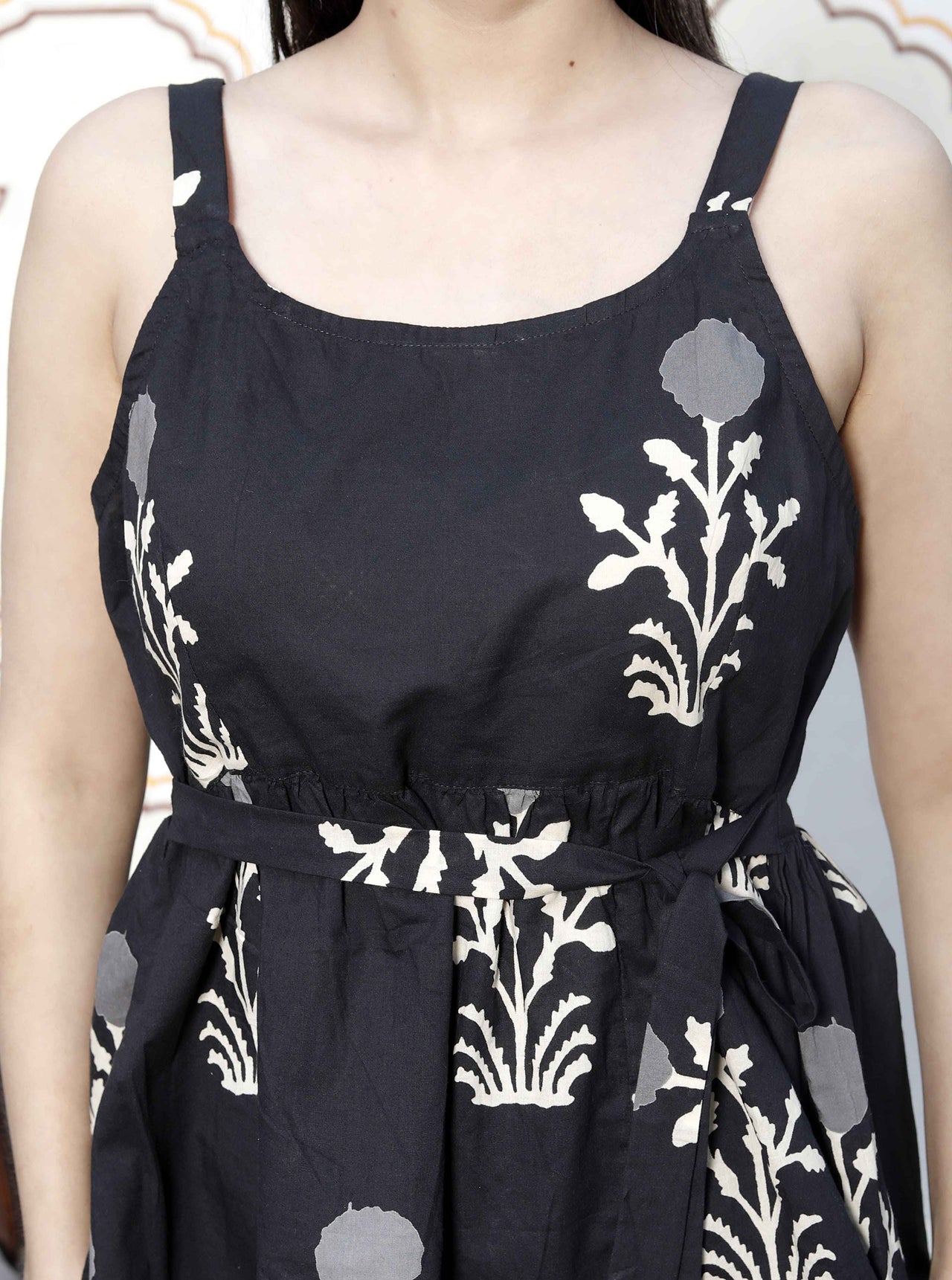 Miravan Women's Pure Cotton Black Floral Printed Round Neck Peplum Noodle Straps Top
