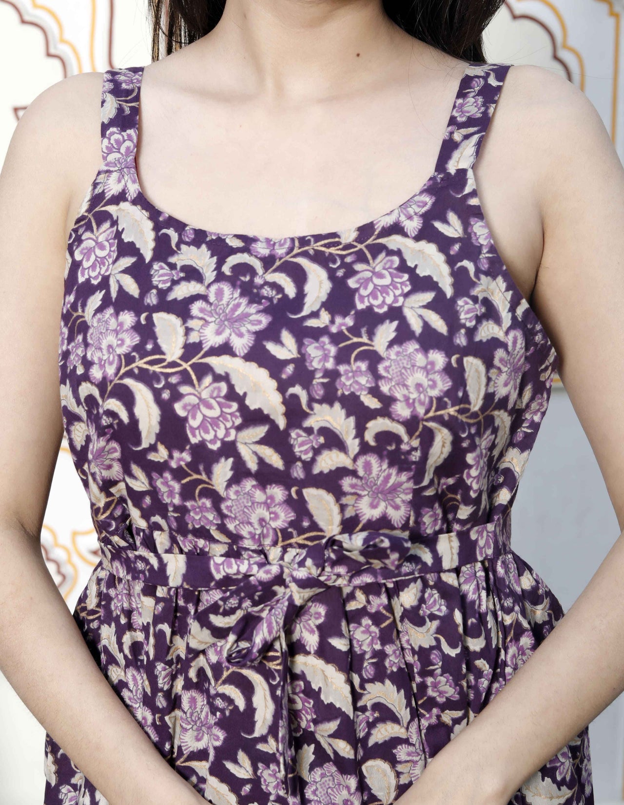 Miravan Women's Pure Cotton Floral Printed Purple Noodle Straps Short Peplum Top