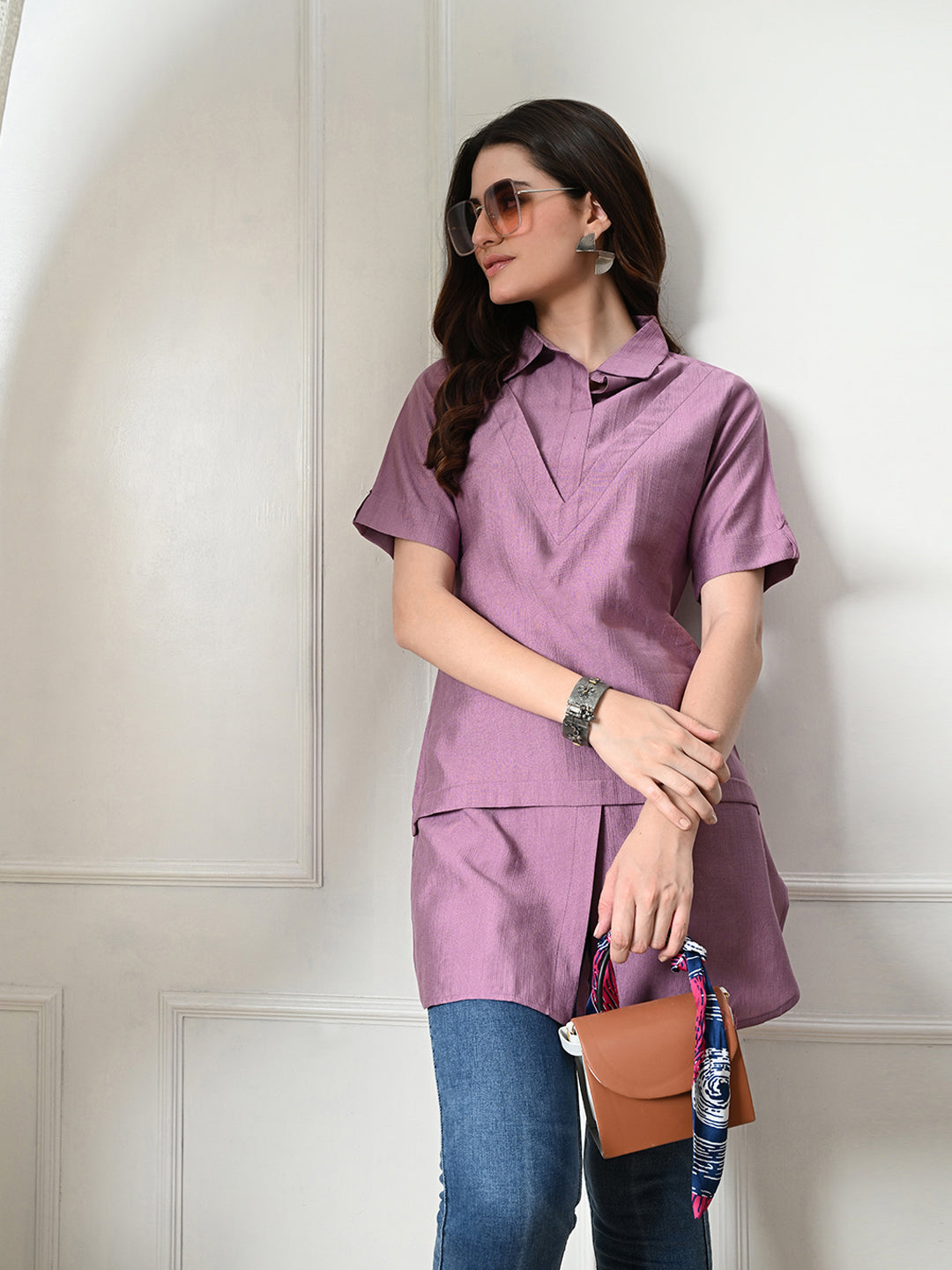 Myshka Women's Solid A-Line Collared Neck Casual Tunic In Lavender Color