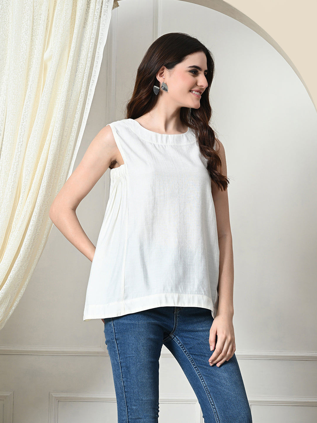 Myshka Women's Solid Embellished Sleeveless Casual Tops In White Color