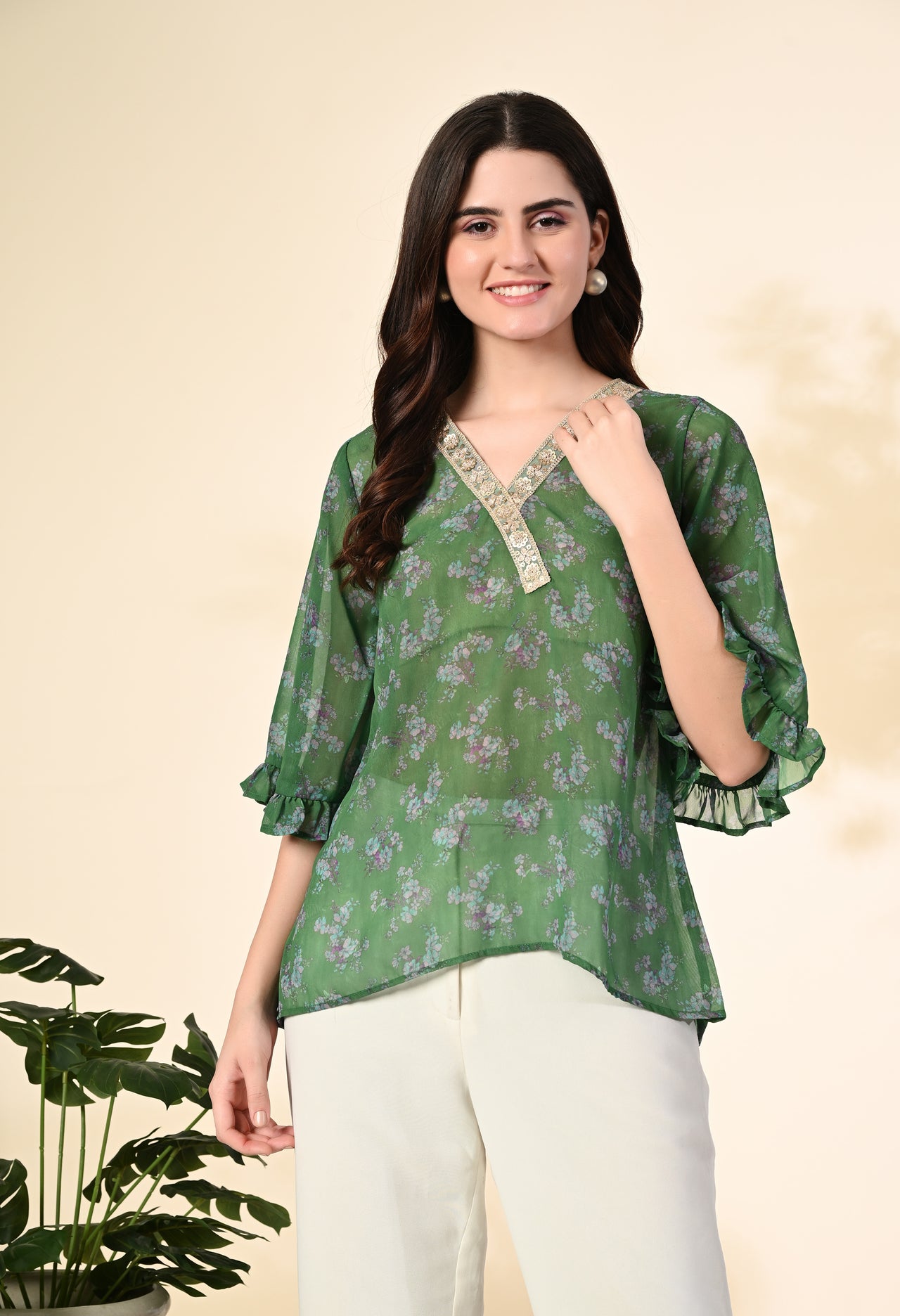 Myshka Women's Printed Georgette Embellished Bell Sleeves Party Tops In Green Color