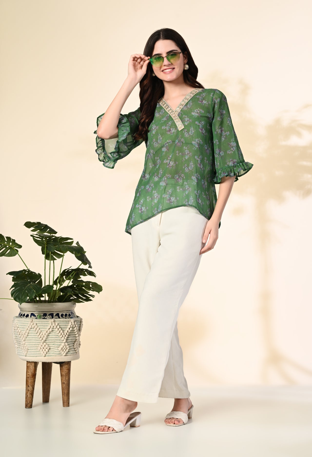 Myshka Women's Printed Georgette Embellished Bell Sleeves Party Tops In Green Color