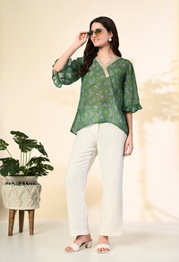 Thumbnail for Myshka Women's Printed Georgette Embellished Bell Sleeves Party Tops In Green Color
