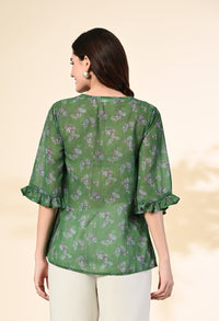 Thumbnail for Myshka Women's Printed Georgette Embellished Bell Sleeves Party Tops In Green Color