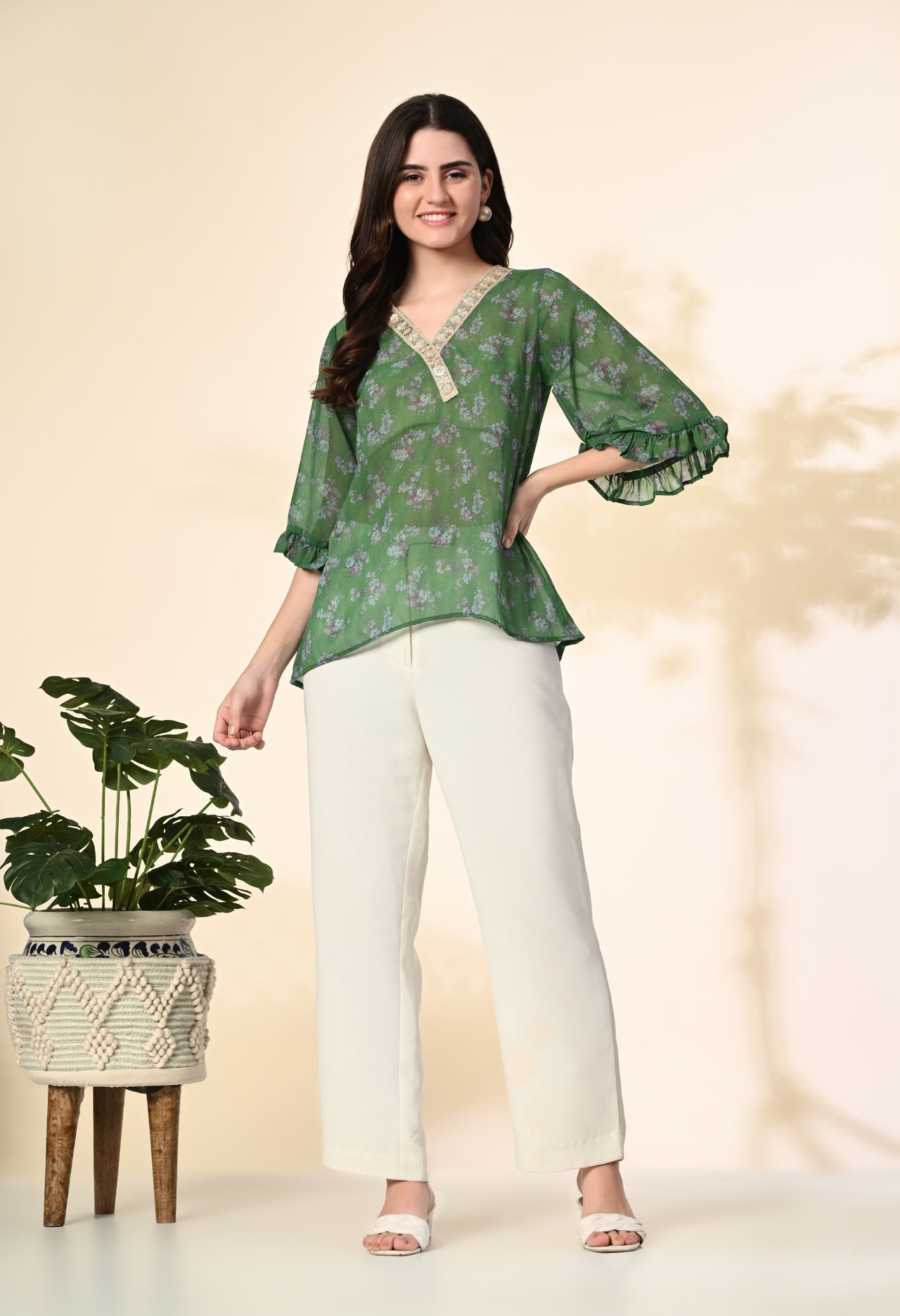 Myshka Women's Printed Georgette Embellished Bell Sleeves Party Tops In Green Color
