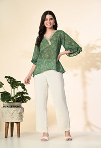 Thumbnail for Myshka Women's Printed Georgette Embellished Bell Sleeves Party Tops In Green Color