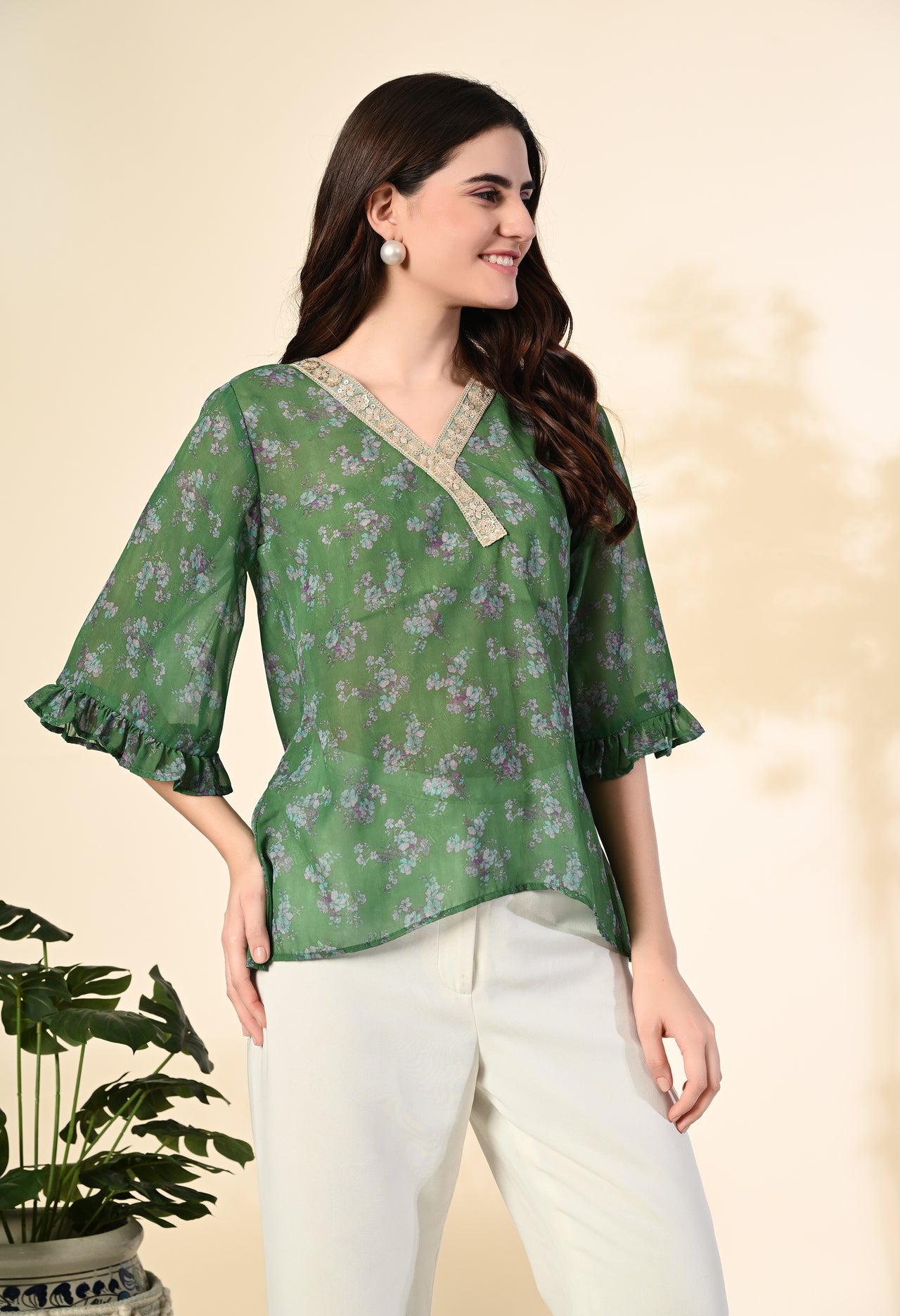 Myshka Women's Printed Georgette Embellished Bell Sleeves Party Tops In Green Color