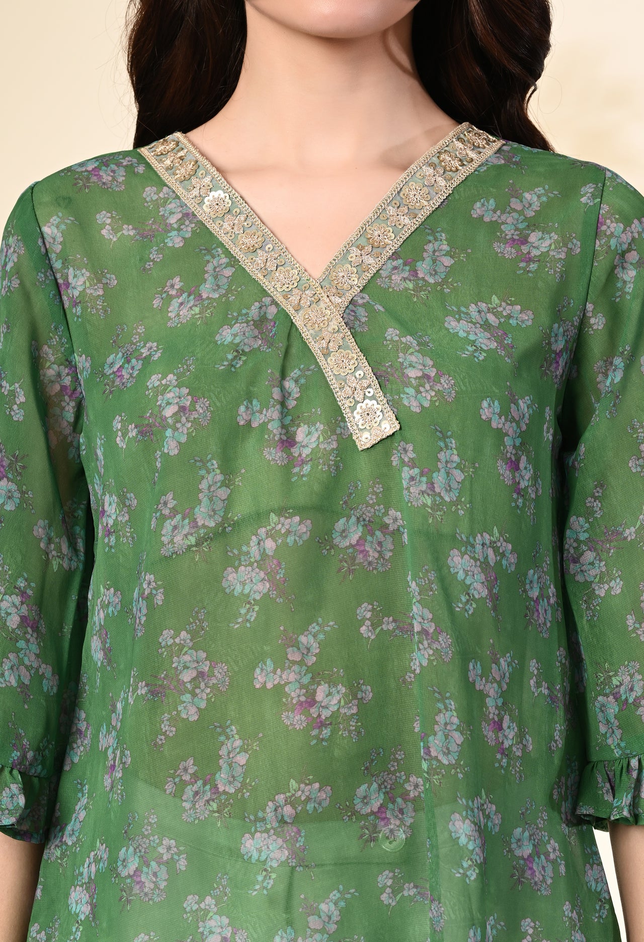 Myshka Women's Printed Georgette Embellished Bell Sleeves Party Tops In Green Color