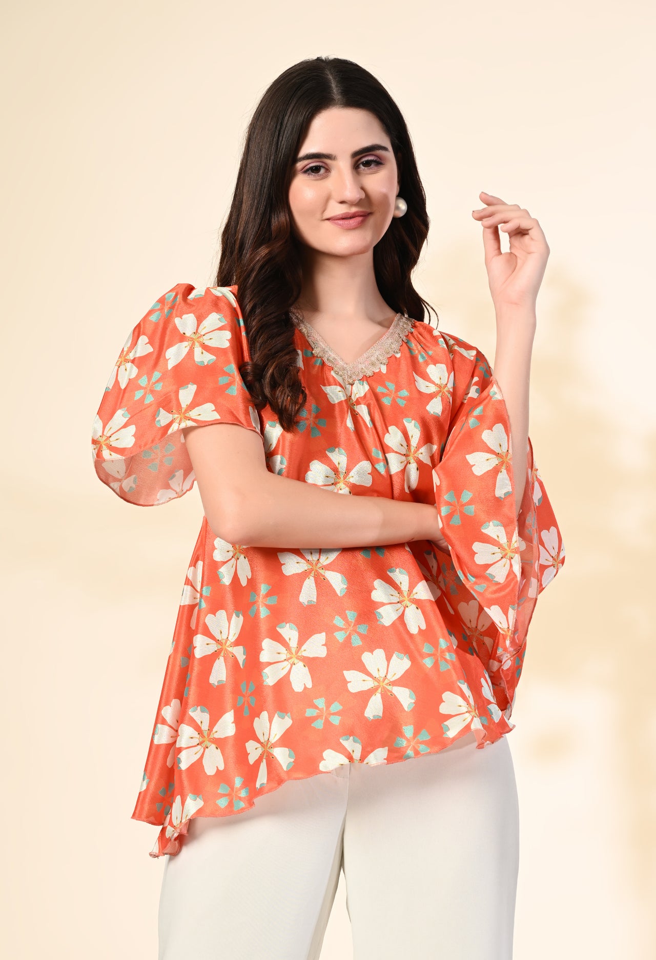 Myshka Women's Printed Chinon Kaftan Style Flayerd Sleeves Party Tops In Orange Color