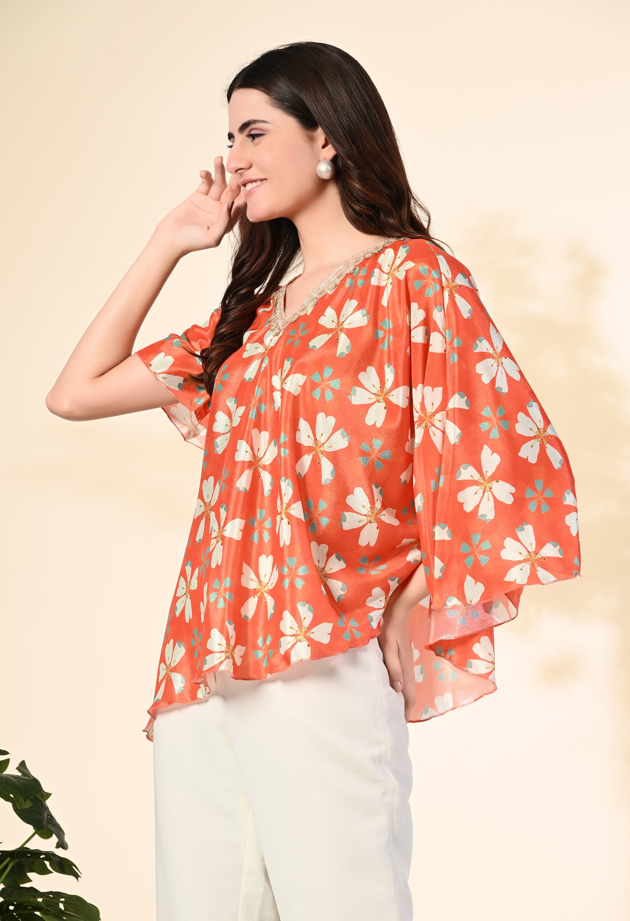 Myshka Women's Printed Chinon Kaftan Style Flayerd Sleeves Party Tops In Orange Color