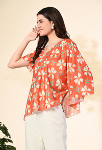 Thumbnail for Myshka Women's Printed Chinon Kaftan Style Flayerd Sleeves Party Tops In Orange Color
