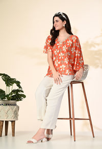 Thumbnail for Myshka Women's Printed Chinon Kaftan Style Flayerd Sleeves Party Tops In Orange Color