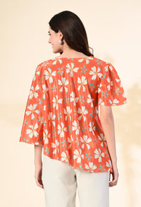 Thumbnail for Myshka Women's Printed Chinon Kaftan Style Flayerd Sleeves Party Tops In Orange Color