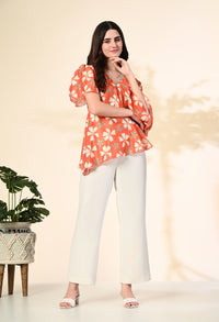 Thumbnail for Myshka Women's Printed Chinon Kaftan Style Flayerd Sleeves Party Tops In Orange Color