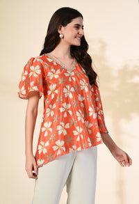 Thumbnail for Myshka Women's Printed Chinon Kaftan Style Flayerd Sleeves Party Tops In Orange Color