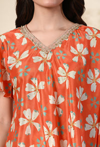 Thumbnail for Myshka Women's Printed Chinon Kaftan Style Flayerd Sleeves Party Tops In Orange Color