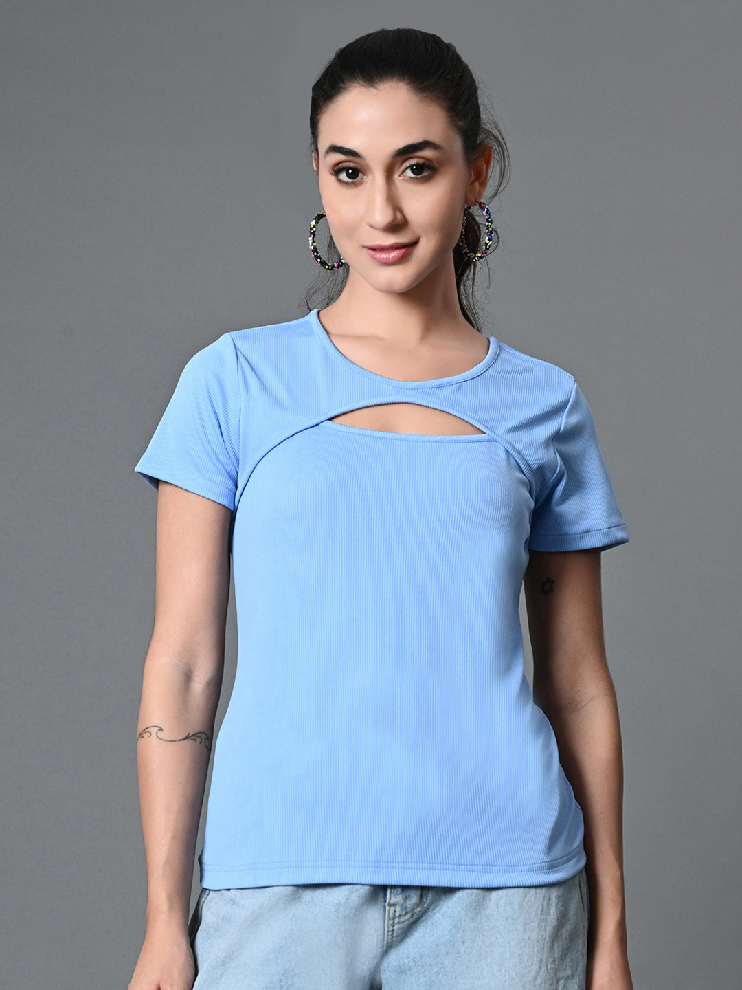Myshka Women's Ribbed Round Neck Cut-out Short Sleeves Top in Blue Color