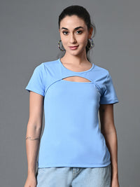 Thumbnail for Myshka Women's Ribbed Round Neck Cut-out Short Sleeves Top in Blue Color