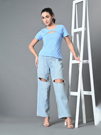 Thumbnail for Myshka Women's Ribbed Round Neck Cut-out Short Sleeves Top in Blue Color