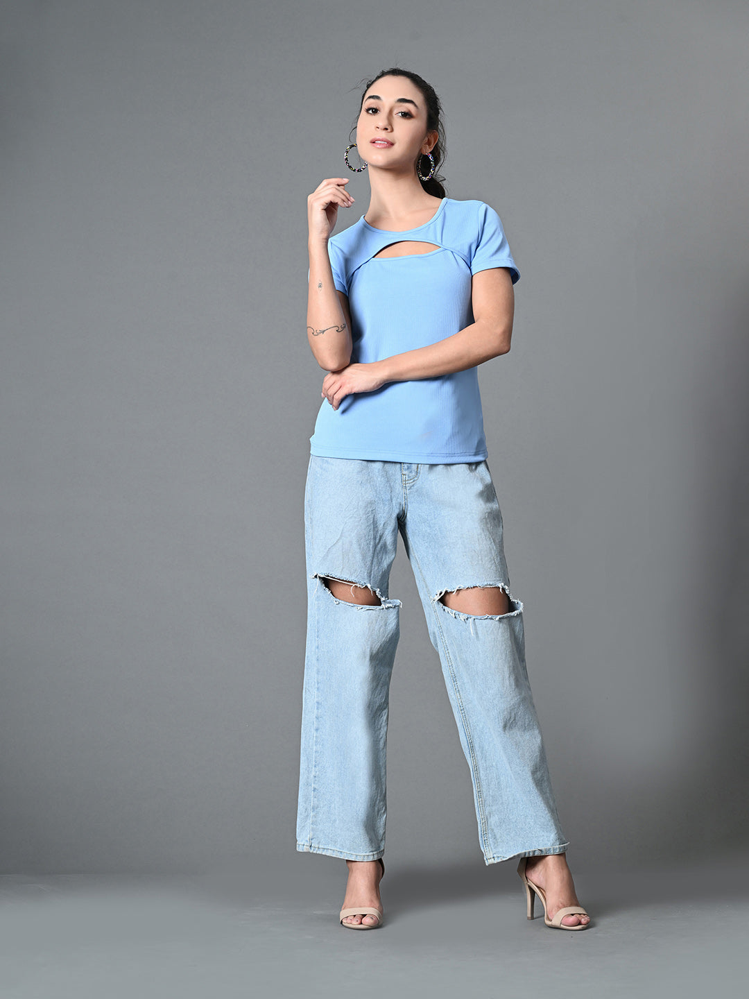 Myshka Women's Ribbed Round Neck Cut-out Short Sleeves Top in Blue Color